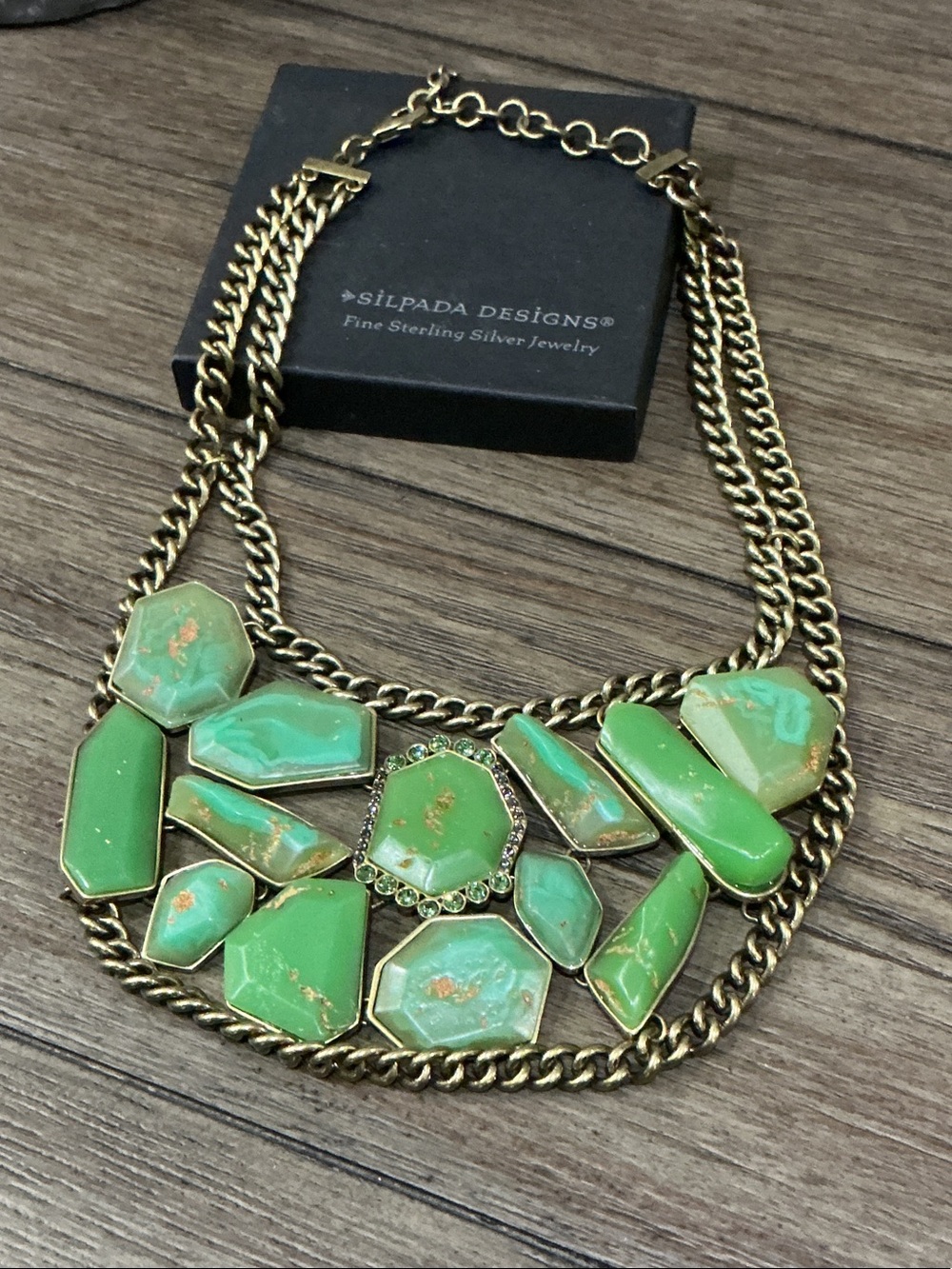 Silpada Brass Necklace with Bright Green Stones